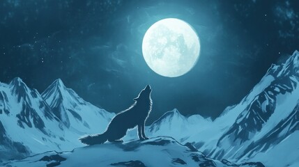  Wolf Howling at the Full Moon in a Snowy Mountain Landscape