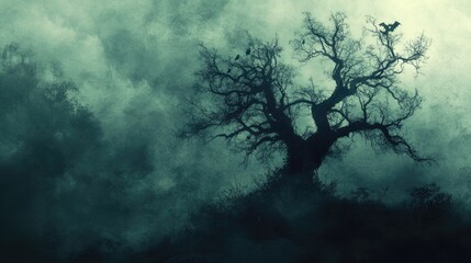 Poster - Eerie Halloween Tree Silhouette with Haunting Faces in Foggy Atmosphere