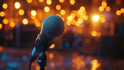 Wall Mural - Microphone on Stage with Bokeh Lights