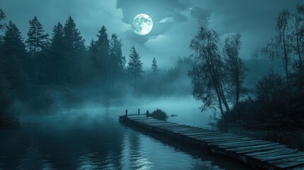 Wall Mural - Mysterious moonlit forest with fog and old wooden pier at the lake