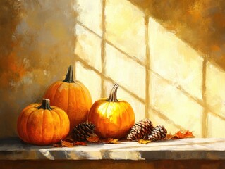 Poster - Pumpkins and cones against a bright wall