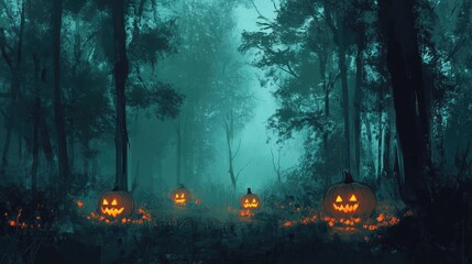 Wall Mural - Spooky forest with glowing pumpkins and mysterious silhouette