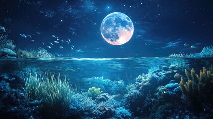 Wall Mural - moonlit ocean with enchanting underwater view