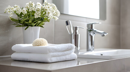 Poster -  Interior of a white bathroom. Clean bathroom counter surface