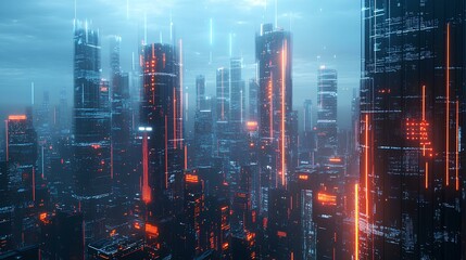 A vibrant, futuristic city skyline illuminated by neon lights, showcasing towering skyscrapers amidst a misty atmosphere and digital elements.