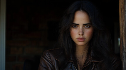 Poster - A woman with dark hair and a brown leather jacket is standing in front of a brick wall. She has a serious expression on her face