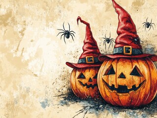 Poster - Stripped pumpkins with red hats and spiders on a beige background