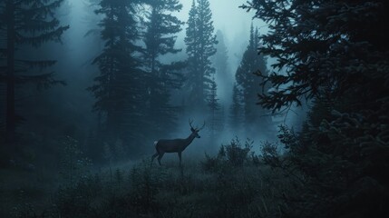 Poster - Mystical Deer in Foggy Forest