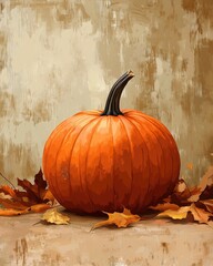 Poster - orange pumpkin on brown background with dry leaves