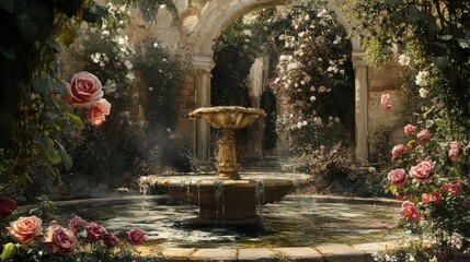 Poster - A Fountain in a Rosy Courtyard with Stone Archways