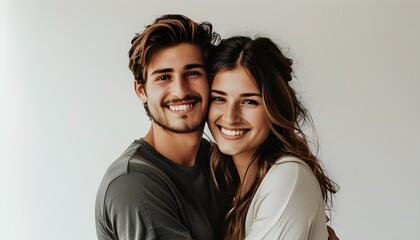 Sticker - joyful embrace of a young couple sharing smiles against a clean white backdrop