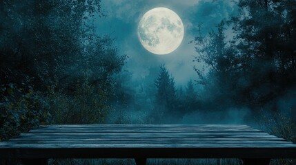 Poster - Nighttime forest scene with full moon and rustic wooden table