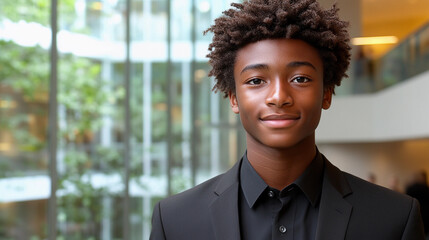 Poster - A young man with curly hair is wearing a black suit and smiling. Concept of confidence and professionalism