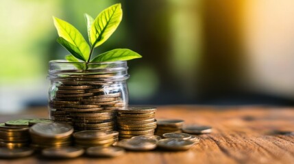 Glass Jar Filled with Coins and a Growing Green Plant