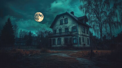 Wall Mural - spooky house under moonlight