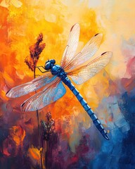 Poster - Dragonfly resting on a stem in autumn setting