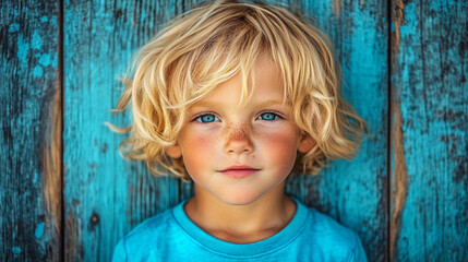 Poster - A young blonde boy with blue eyes and a blue shirt is standing in front of a blue wall