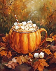 Canvas Print - Pumpkin mug with drink and marshmallows surrounded by autumn leaves