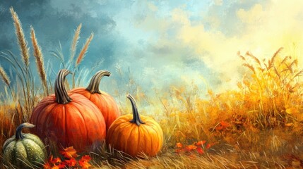 Canvas Print - Autumn Harvest Background with Pumpkins and Squash