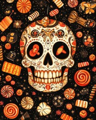 Wall Mural - Halloween celebration with skull and sweets design