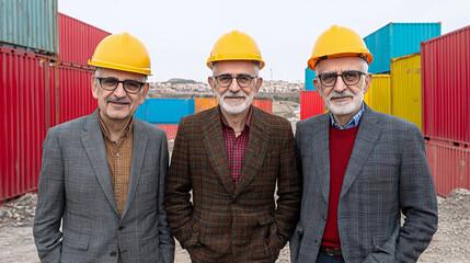 Three men wearing hard hats and suits stand in front of a row of shipping containers. Scene is serious and professional, as the men are likely workers in a construction or logistics setting