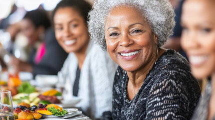 Wall Mural - A woman with gray hair is smiling at the camera while sitting at a table with a plate of food