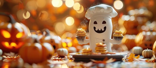 Cheerful Halloween ghost character wearing a chef s hat and holding a delicious pumpkin cupcake set against an autumnal background filled with orange pumpkins and fall foliage