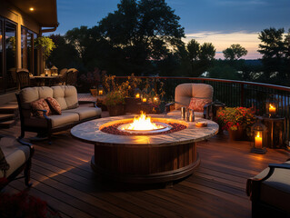 Attractive Summer evening on the patio of beautiful suburban house with lights in the garden