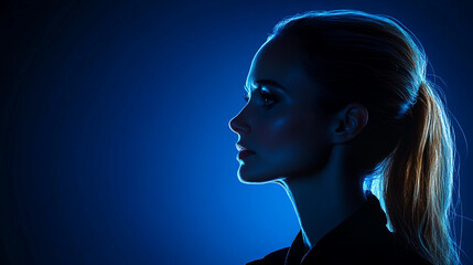 Wall Mural - A woman with long hair is standing in front of a blue background. The image has a moody and mysterious feel to it, as the woman's face is the only thing visible