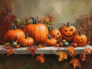 Canvas Print - Autumn pumpkin display for Halloween art