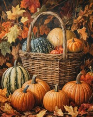 Canvas Print - autumn harvest with pumpkins surrounding a basket