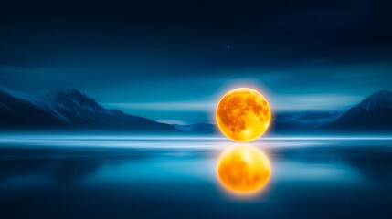 Poster - A full moon rising over a body of water with mountains in the background