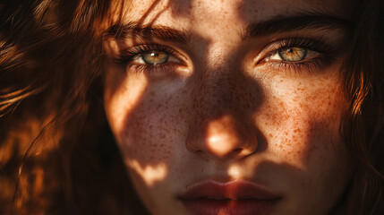 Poster - A woman with green eyes and red hair. The sun is shining on her face, making her look beautiful