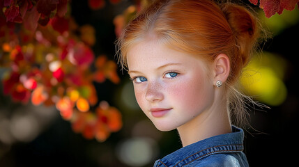 Wall Mural - A young girl with red hair and blue eyes stands in front of a tree with orange leaves. She is wearing a blue shirt and a ponytail