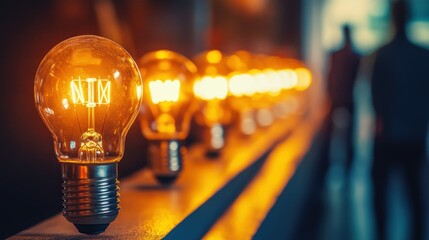 Canvas Print - Illuminated Light Bulb in Focus with Blurred Background of Other Bulbs and People