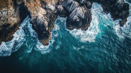 Poster - Aerial View of Rocky Coastline and Foamy Ocean Waves