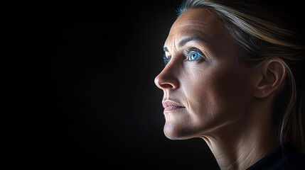 Wall Mural - A woman with blue eyes is looking at the camera. She has a serious expression on her face