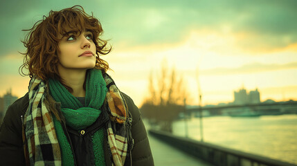 Wall Mural - A woman with a green scarf and a red headband is standing on a bridge overlooking a body of water