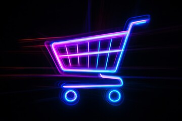 Wall Mural - A neon shopping cart on a black background