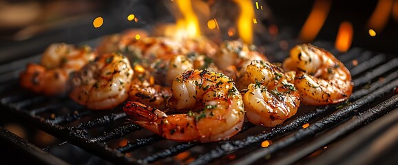 Wall Mural - Close-up of grilled shrimp on a hot barbecue grill with flames and smoke in the background.