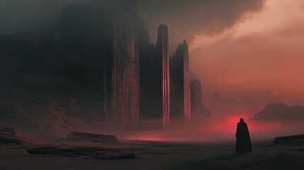 Wall Mural - A lone figure in a hooded robe stands before a misty, red-hued landscape with towering rock formations.