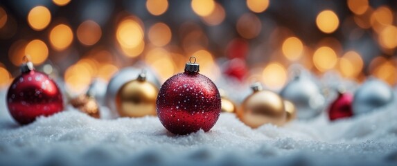 Christmas sparkling blurred background with Christmas baubles, snow and bokeh. Luxury header design. Red and golden