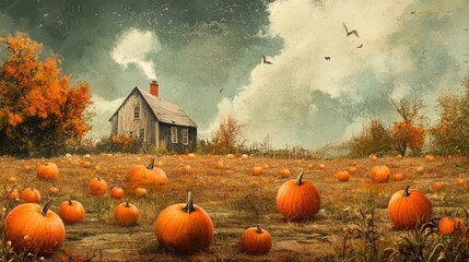 Poster - Pumpkin field with farmhouse background