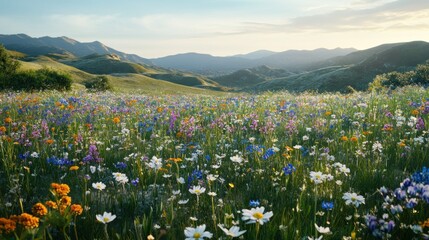 Wall Mural - A vibrant wildflower meadow with rolling hills in the background.