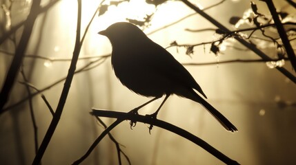 Poster - Silhouette of a Bird Perched on a Branch in a Sunlit Forest