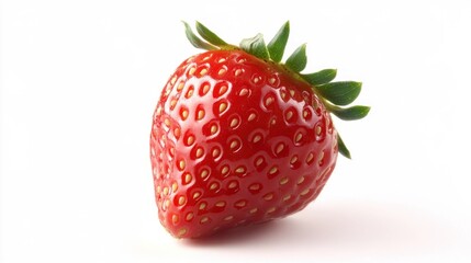 Poster - A Single Ripe Strawberry with Green Leaves on a White Background