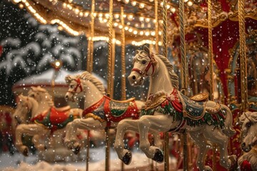 Carousel horses with festive lights and snowfall in winter, horizontal banner, copy space. Soft focus. holiday celebration, Christmas amusement, winter magic, childhood nostalgia