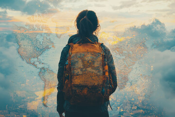 Poster - A traveler's form merging with a map, symbolizing adventure and discovery through double exposure.