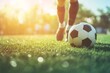 © Anastasiya - Soccer ball on green field with player in action, close-up, horizontal banner, copy space. Blur. football game, sports competition, athletic performance, outdoor activity, team sport