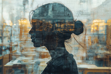 Poster - a student's silhouette overlapping with books and formulas, symbolizing the pursuit of knowledge thr